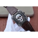 Hot Bell-&-Ross BR01 Burning Skull Tattoo Watch Silver Dial Brown Leather Strap WT00531