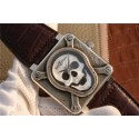 Replica AAA Bell-&-Ross BR01 Silver Case Burning Skull Tattoo Watch Silver Dial Leather Strap WT00764