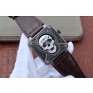 Hot Bell-&-Ross BR01 Burning Skull Tattoo Watch Silver Dial Brown Leather Strap WT00531