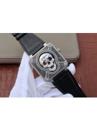 Fake AAA Bell-&-Ross BR01 Burning Skull Tattoo Watch Silver Dial Black Leather Strap WT01296