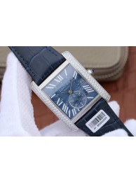 Fashion Cartier Tank MC Blue Textured Dial Diamonds Bezel Leather Strap WT01800