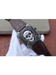 Hot Bell-&-Ross BR01 Burning Skull Tattoo Watch Silver Dial Brown Leather Strap WT00531
