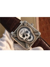 Replica AAA Bell-&-Ross BR01 Silver Case Burning Skull Tattoo Watch Silver Dial Leather Strap WT00764